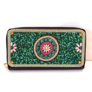 Boho Seed Bead Wallet Card Holder Floral Green